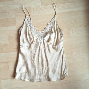 Vintage Y2K 100% Silk Lace-Trim Cami Tank Top - Light Champagne
